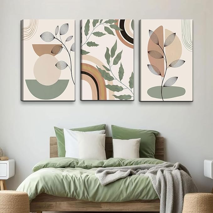 3 pcs Framed Boho Canvas Wall Art Green Sage Botanical Painting Wall Decor Pictures Mid Century Modern Minimalist poster print for Living Room Bedroom Bathroom Home Decoration