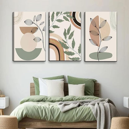 3 pcs Framed Boho Canvas Wall Art Green Sage Botanical Painting Wall Decor Pictures Mid Century Modern Minimalist poster print for Living Room Bedroom Bathroom Home Decoration