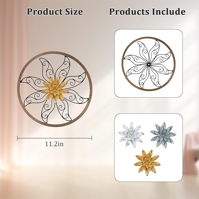 hogardeck Metal Flower Wall Decor - 11" Metal Wood Floral with 3 pcs Interchangeable Flowers Wall Decoration for Bedroom, Living Room, Bathroom, Kitchen, Outdoor Wall Art
