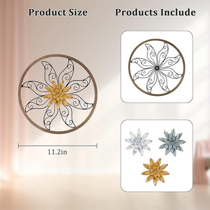 hogardeck Metal Flower Wall Decor - 11" Metal Wood Floral with 3 pcs Interchangeable Flowers Wall Decoration for Bedroom, Living Room, Bathroom, Kitchen, Outdoor Wall Art