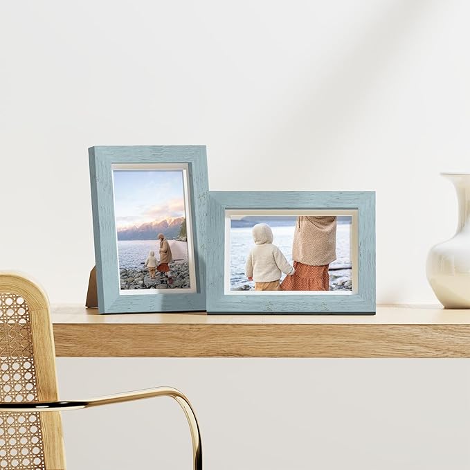 Vittanly 4x6 Picture Frames Set of 9, Display 3.5x5 Pictures with Mat or 4x6 without Mat, Photo Frames for Wall or Tabletop with Plexiglass, Engineered Wood, Rustic Blue