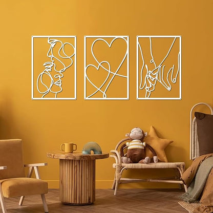 ESTART 3 Pieces Metal Minimalist Line Wall Art, Valentine's Day Lover Kiss Hand Metal Wall Decor, Aesthetic Modern Home Hanging Wall Art Decor for Bedroom Living Room (White)