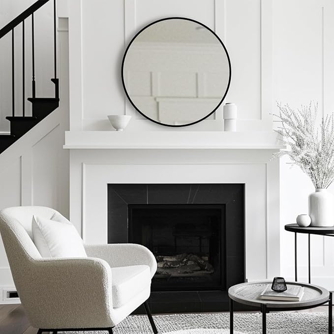 Round Mirror 24 inch, Black Circle Mirror, Black Round Bathroom Mirrors, Circle Wall Mirrors for Bathroom, Living Room, Hallway, Vanity, Over Sink, Mantel