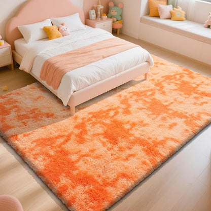 Mottling Orange Fluffy Rug Shag Area Rug, 8x10 Area Rugs for Girls Bedroom, Big Soft Shag Bedside Non-Slip Plush Dorm Nursery Kids Carpet Home Decor Aesthetic