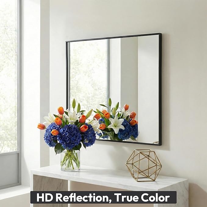 30" x 36" Matte Black Bathroom Mirror, 36x30 Metal Framed Wall Decor, Large Rectangular Accent Mirror for Mantel & Vanity, Minimalist Design