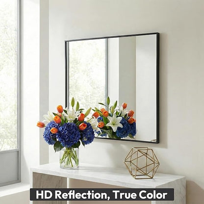 30" x 36" Matte Black Bathroom Mirror, 36x30 Metal Framed Wall Decor, Large Rectangular Accent Mirror for Mantel & Vanity, Minimalist Design