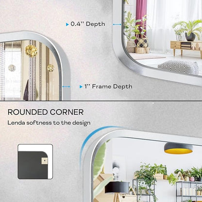 Brushed Nickel Bathroom Wall Mirror, Silver Metal Framed Large Rounded Corner Rectangle Mirror, Tempered Glass, Shatter Proof, Hangs Horizontally or Vertically (28" x 60", Silver)