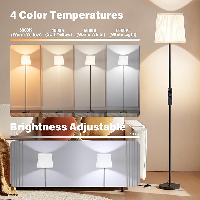 SIBRILLE Floor Lamp with Pleated Shade, 62" LED Dimmable Standing Lamp with Remote & Foot Switch, Color Options, 9W E26 Bulb Included, Modern Reading Light for Living Room Bedroom Office Corner, Black