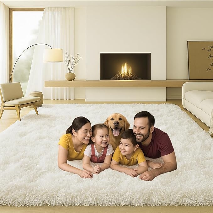 5x7 Plush Fluffy Area Rugs, Large Soft Carpet, Upgraded Non-Slip Rectangular Rug for Living Room, Bedroom, Kids Room, Dorm, Modern Home Decor Aesthetic,Cream White.
