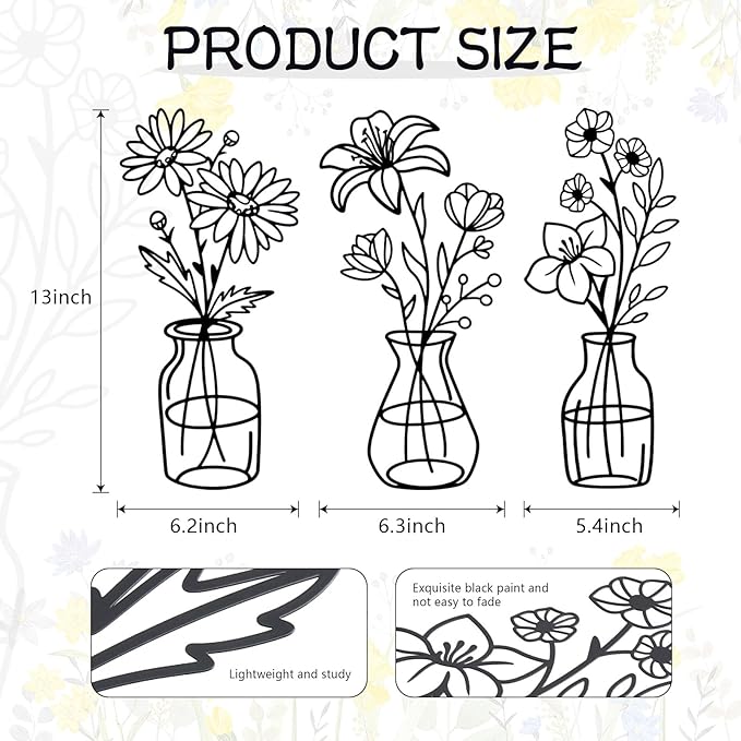 OYEFLY 3 Pieces Metal Flowers Wall Arts,Black Metal Vase Wall Art,Rustic Farmhouse Decor (Black)
