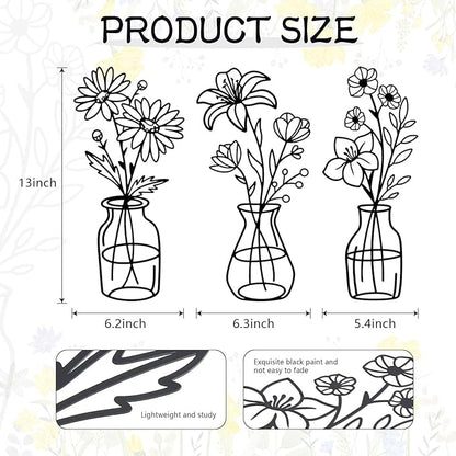 OYEFLY 3 Pieces Metal Flowers Wall Arts,Black Metal Vase Wall Art,Rustic Farmhouse Decor (Black)