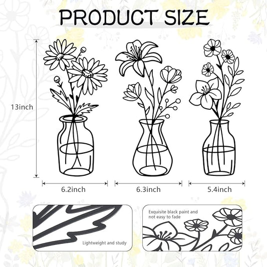 OYEFLY 3 Pieces Metal Flowers Wall Arts,Black Metal Vase Wall Art,Rustic Farmhouse Decor (Black)