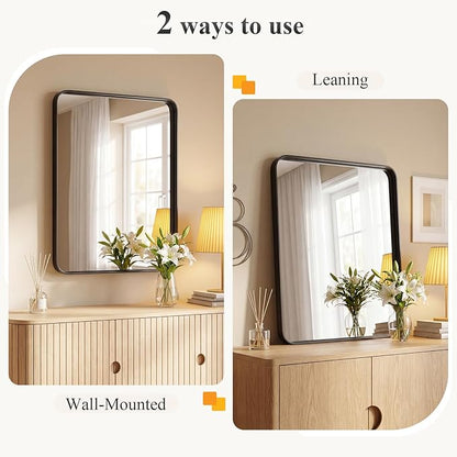 NEWBULIG 36X36 Inch Bathroom Mirror for Over Sink, Wall Vanity Mirrors Tempered Glass, Anti-Rust Metal Framed Rounded Rectangle, Hangs Horizontally or Vertically, Farmhouse Home Decor, Black
