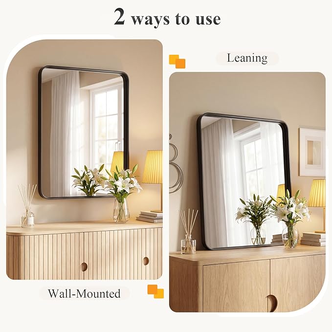 Sweetcrispy Bathroom Wall Mirror, 30x22 Inch Wall Mount Mirror for Over Sink, Modern Rounded Rectangle Vanity Mirror with Matte Metal Framed, for Home Decor, Living Room, Bedroom, Black