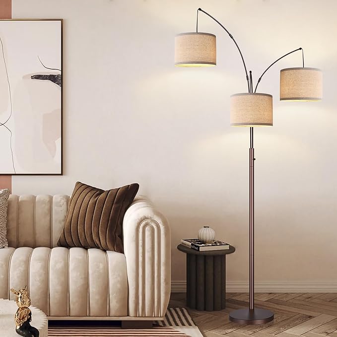 Dimmable Floor Lamp, 3 Lights Brown Arc Floor Lamp, Modern Tall Standing Tree Lamp with Beige Linen Shades & Heavy Base, 3000LM LED Bulbs, Bright Lighting for Living Room, Bedroom, Office & Reading