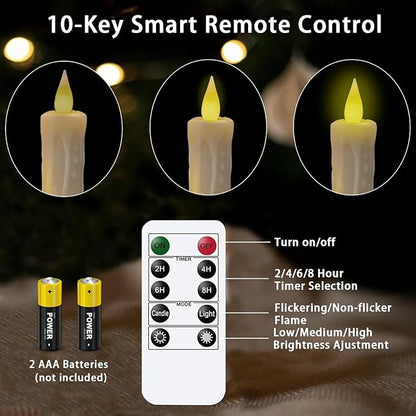 KSWING Upgraded Real Wax LED Flameless Taper Candles with Remote, 6 PCS White Dripping Candlesticks Battery Operated 3D Flickering - 9.6" Long Realistic Fake Candle Sticks for Home/Wedding/Xmas Decor