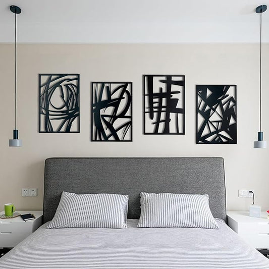 OYEFLY 4 Pack Abstract Metal Wall Art,Minimalist Art Decoration for Living Room Bedroom Bathroom Study (Black, 16 x 11inch)