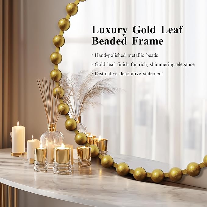 36''x36'' Beaded Gold Round Wall Mirror with Metal Frame, Small Vintage Retro Baroque Ornate Vanity Mirror for Bathroom, Fireplace,Entryway, Living Room