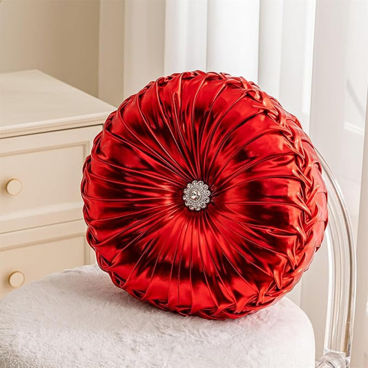 Red Round Throw Pillows, Soft Spandex Fabric Pumpkin Pleated Handmade Metallic Decorative Throw Pillows Floor Pillows Cushion for Sofa Couch Bed Living Room Chair Decoration