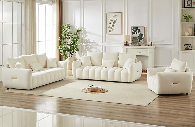 Antetek Teddy Sofa Set for Living Room, Modern Deep Seat Sofa Chair and Oversized 3-Seater Cloud Boucle Couch for Bedroom, Office, Apartment, Furniture Set, Beige (2 Piece)