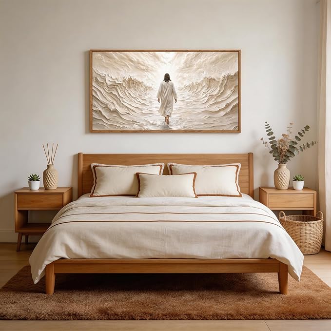 Aurlan Jesus Walking on Water Framed Wall Art(40"x20"), 3D Textured Modern Christian Biblical Faith Divine Light Canvas Artwork, Large Religious Spiritual LDS Baptism Gift Painting Decor for Home Office Living Room Bedroom
