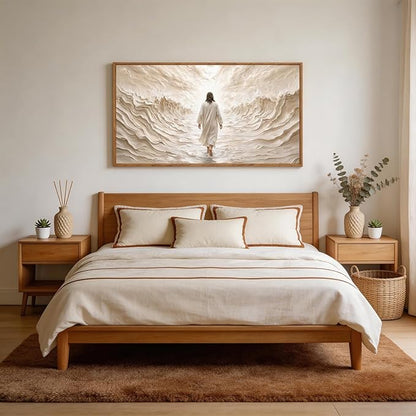 Aurlan Jesus Walking on Water Framed Wall Art(40"x20"), 3D Textured Modern Christian Biblical Faith Divine Light Canvas Artwork, Large Religious Spiritual LDS Baptism Gift Painting Decor for Home Office Living Room Bedroom