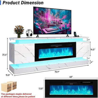chartustriable 71IN LED TV Stands w/40 inch Fireplace Power Outlet for 85/80/75 Inch TVs,High Glossy Modern TV Media Console Gaming with 2 Storage Cabinets,Dual LED Lights,White Marble