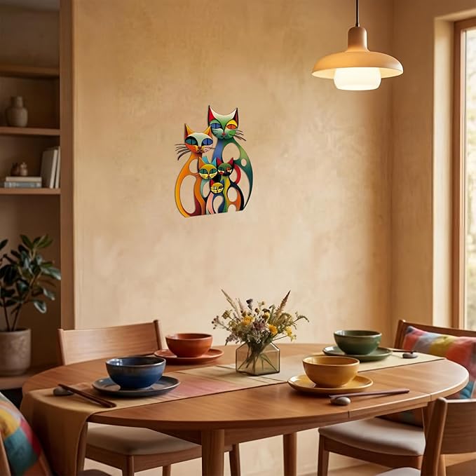 Wesiti Cat Wall Art Decor Iron Wall Sculptures Decor for Cats Lover 10.6 x 15.7 Inches Colorful Retro Mid Century Cat Signs for Home Living Room Bedroom Kitchen Office(Neutral)