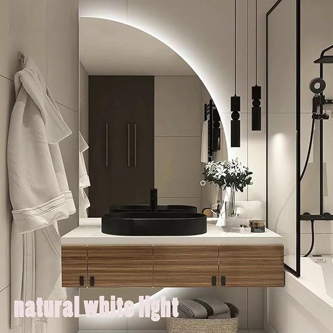 47in Half Moon LED Mirror,3-Color Dimmable Bathroom Smart Vanity Mirror, Frameless Backlit Anti-Fog Half Moon Mirrors for Wall (Left Semicircle, 24 * 47in/60 * 120cm)