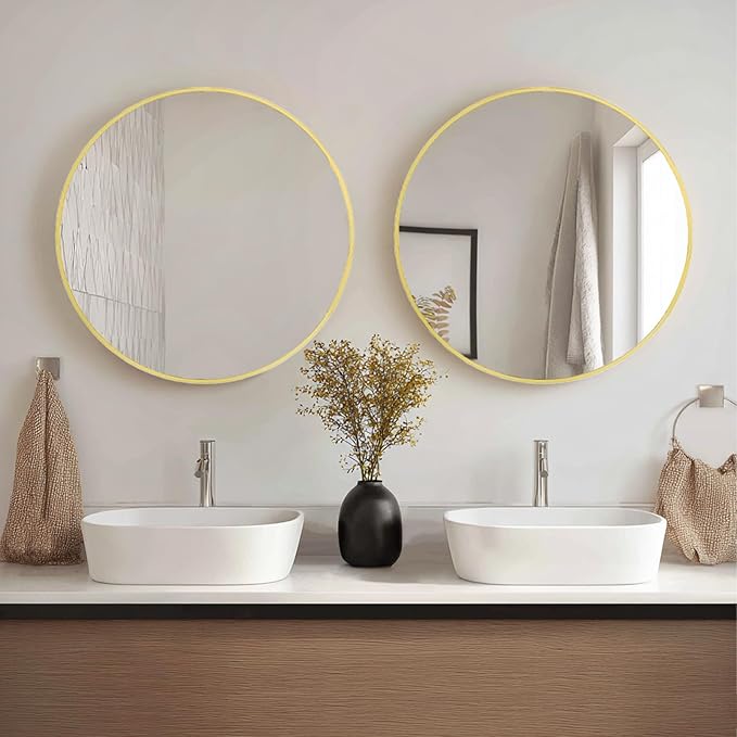 Sunniry Gold Round Mirror 24 inch, 2 Pack Gold Circle Mirror, Round Bathroom Mirrors Metal Frame for Bathroom, Bedroom, Living Room, Hallway.