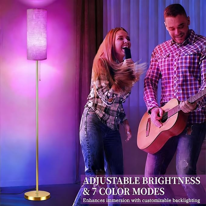 Floor Lamps for Living Room with RGB Color Changing Bulb Dimmable Color Brightness Standing Lamp with Remote Tall Lamps with Chain Switch for Bedroom Office 9W LED Bulb Included, Gold Body RGB Bulb