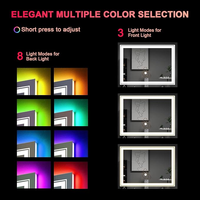 Snowdool LED Mirror for Bathroom, 48"X36" with 8 RGB Backlit +3 Front Lit (Adjustable Individually), Anti-Fog, Large Lighted Bathroom Vanity Mirror for Wall,Shatterproof,Memory Function,Tempered Glass