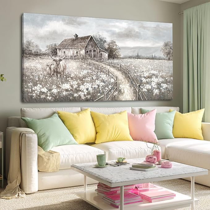 Neutral Greige Highland Cow Canvas Wall Art, Rustic Country Cottage Landscape with Meadow Flowers, Large Horizontal Framed Canvas, Ready to Hang for Living Room/Bedroom, 29x58 Inches