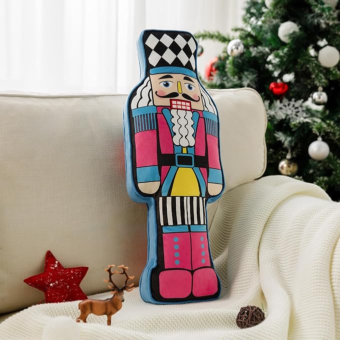 Ashler Nutcracker Christmas Throw Pillow, Nutcracker Hooked Shaped Pillow, Velvet 3D Decoration Throw Pillows, Nut Cracker Christmas Decor Cushion for Couch Chair Bed, 23.5x8.5 Inches, Pink