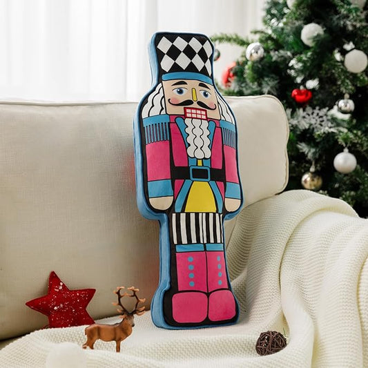 Ashler Nutcracker Christmas Throw Pillow, Nutcracker Hooked Shaped Pillow, Velvet 3D Decoration Throw Pillows, Nut Cracker Christmas Decor Cushion for Couch Chair Bed, 23.5x8.5 Inches, Pink