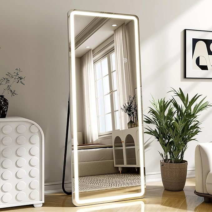 Led Mirror Full Length 26 x 65 Inch Tempered Glass Full Body Mirrors with Dimming & 3 Color Lighting Standing Leaning or Hanging Full Length Mirrors Lights for Bedroom Dressing Room Rect