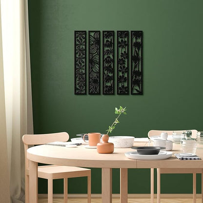 5 Pieces Wooden Wall Art Hollow Wall Decor Wood Wall Accents Themed Wood Panels for Home Decorations Bedroom Living Room, 15.7 x 2.9 x 0.2 Inch (Black, Floral)