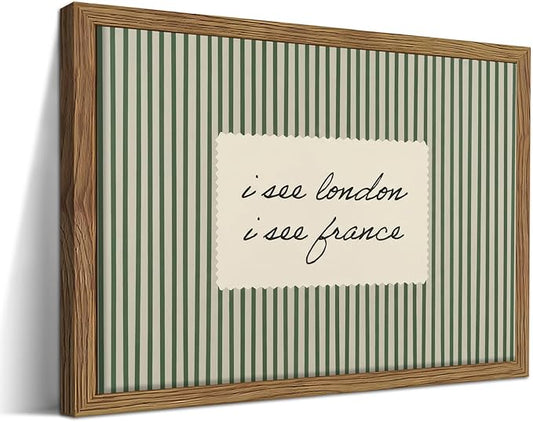 Vintage Quote Wall Art, I See London I See France Funny Bathroom Wall Decor Painting, Minimalist Green Striped Canvas Print Picture for Bathroom Bedroom Living Room 16x24 Inch Framed