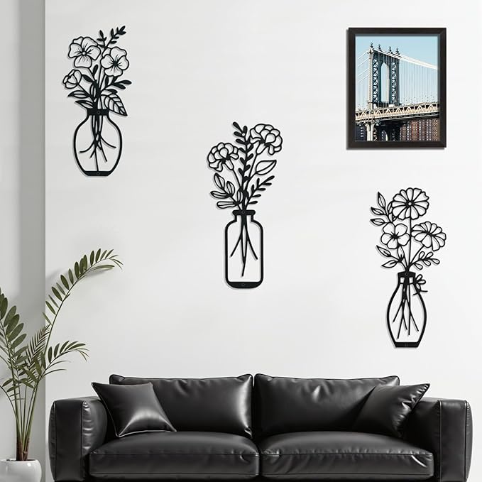Lcaughsy Metal-Wall-Art Decoration - Metal Wall Decor Floral and Picture Frame For Living Room, 3 Pcs Hanging Wall Decor Art for Home Dining Room Bedroom Kitchen Farmhouse, Black