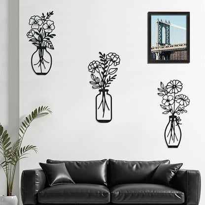 Lcaughsy Metal-Wall-Art Decoration - Metal Wall Decor Floral and Picture Frame For Living Room, 3 Pcs Hanging Wall Decor Art for Home Dining Room Bedroom Kitchen Farmhouse, Black