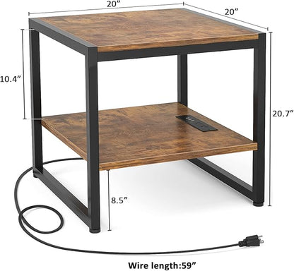 Homieasy End Table with Charging Station, 20" Mini Fridge Stand with Power Outlets, Heavy Duty Side Table for Living Room, Small Table Stand & Fridge Table, Rustic Brown