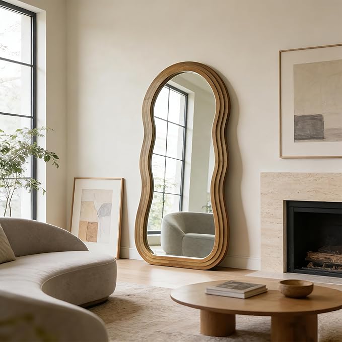Wavy Full Length Mirror, 67"x31.5" Irregular Aesthetic Mirrors with Triple Layer Solid Wood Frame, Premium Organic Floor Mirror for Living Room Entryway Hallway Cloakroom, Leaning/Hanging
