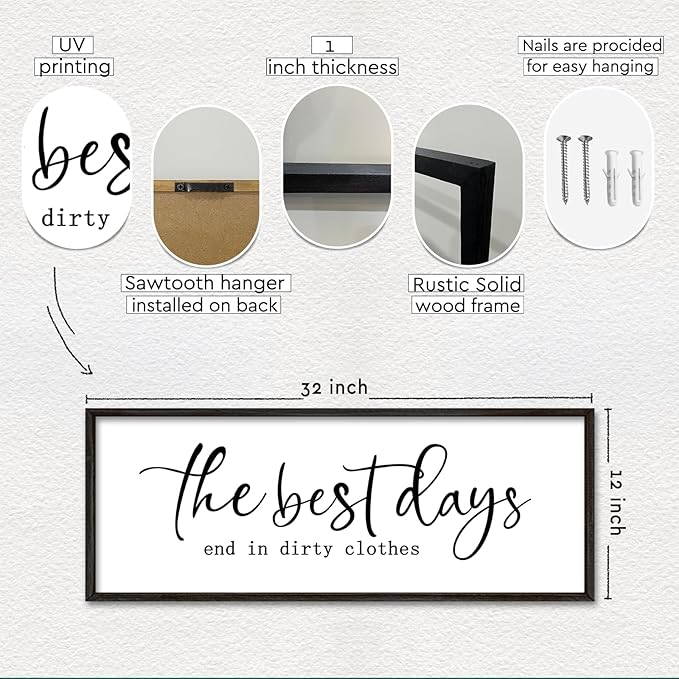 Laundry Room Wall Decor 32"×12" The Best Days End In Dirtiest Clothes Sign Funny Modren Bathroom Large Plaque Wood Framed Wall Hanging Art (Black)