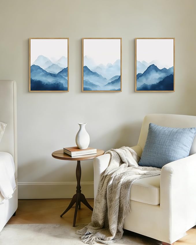 Drsoum Blue Fog Mountains Landscape Wall Art Framed Vintage Nature Misty Nordic Prints Ink Wash Watercolor Boho Farmhouse Rustic Artwork Hallway Bedroom Ready to Hang 11x14in Natural Framed