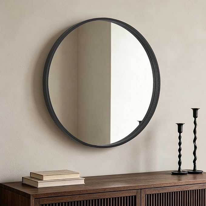 HOMECOOKIN Round Wood Mirror 28 inch Circle Mirror, Rustic Farmhouse Wooden Framed Decorative Wall Decor, Vanity Wall Mirror for Bathroom, Bedroom, Entryway, Living Room (Black)