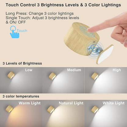 AKSDA Battery Operated Wall Light, LED Wall Sconce with 3 Color Modes, 3 Brightness Levels, 360 Rotation, Touch Control, Cordless Wall Lamp for Bedroom, Reading, Bedside - 1 Pack