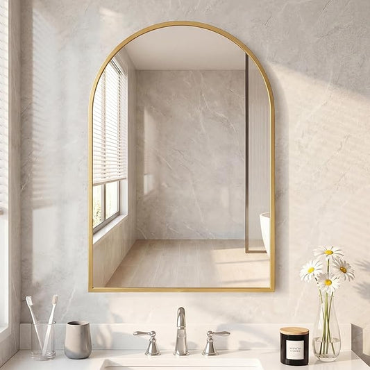 DUMOS 24"x36" Arched Wall Mirror, Bathroom Mirrors for Over Sink, Vanity Mirror with Tempered Glass & Anti-Rust Metal Frame, Entryway, Living Room, Bedroom, Glod