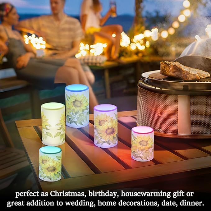 ALAZA Blooming Yellow Sunflowers Flickering Flameless Candles Battery Operated with Remote Timer,Tea Light Candles LED Pillar Votive Candles Set of 2 for Outdoor Indoor Decorations