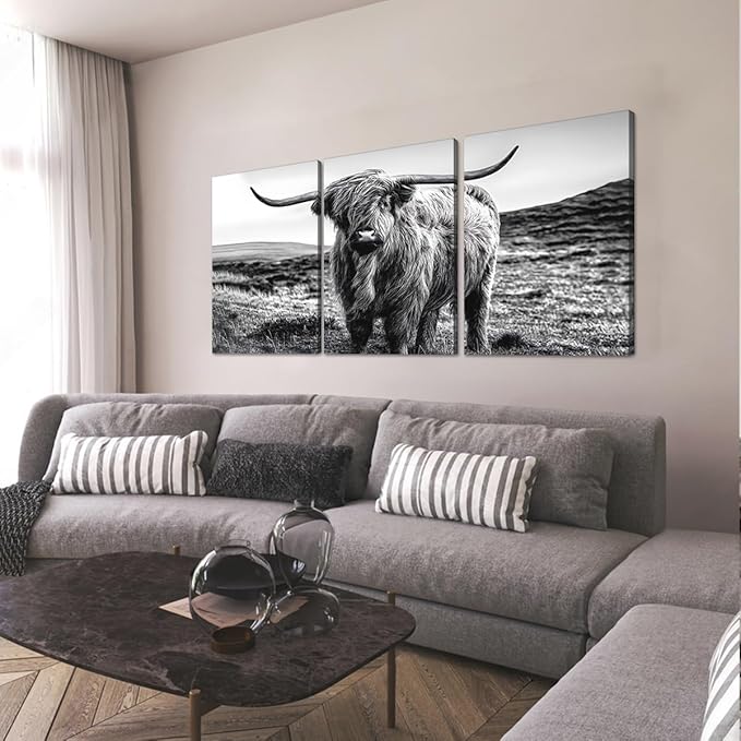 Funny Highland Cow Canvas Wall Art Vintage Farmhouse Cow Picture for Bathroom Wall Decor Black and White Animal Print Artwork for Country House Living Room Bedroom Decoration 20x28inchx3pcs