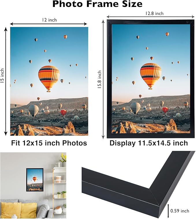 JCJMY 12x15 Black Picture Frame Set of 6, Horizontal and Vertical Formats for Wall Hanging, 12 x 15 Wall Gallery Poster Photo Frames with Durable Shatter Resistant Plexiglass, 6 Pack, Black